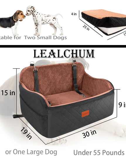 Lealchum Dog Car Seat for Large Size Dog,Soft Fabric Car Dog Bed Filling Memory Foam,2 Clip-On Safety Leashs and 2 Pockets,Removable and Washable Comfy Pet Car Seat(Black/Brown, Large)