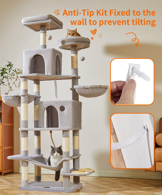 Taoqimiao 76-Inch Cat Tree Cat Tower for Indoor Cats, Plush Multi-Level Cat Condo with 12 Scratching Posts, 2 Perches, 2 Caves, Hammock, 2 Pompoms MS016W Light Gray