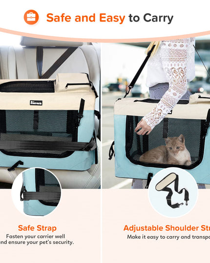 Reerooh Large Cat Carrier 24"x17"x17", Soft Dog Crate with 2 Bowls, Collapsible Travel Pet Carrier Bag for Cats Dogs Puppies Kittens (Blue)