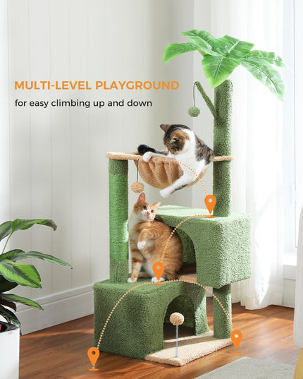 PURRPURCAT 45-Inch Green Cat Tree with 2 Condos for Indoor Cats,Cat Tower with Scratching Posts for Small Cats,Cactus Cat Tree Tower with Hammock and Cat Toys