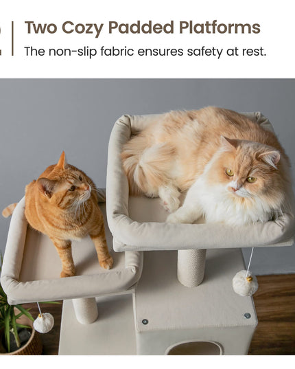 MWPO Large Modern Cat Tree, 70.1-Inch Wood Cat Tower for Indoor Cats, Multi-Level Tall Cat Condo with 2 Padded Perches, Hammock, Scratching Posts, Dangling Toys, Beige