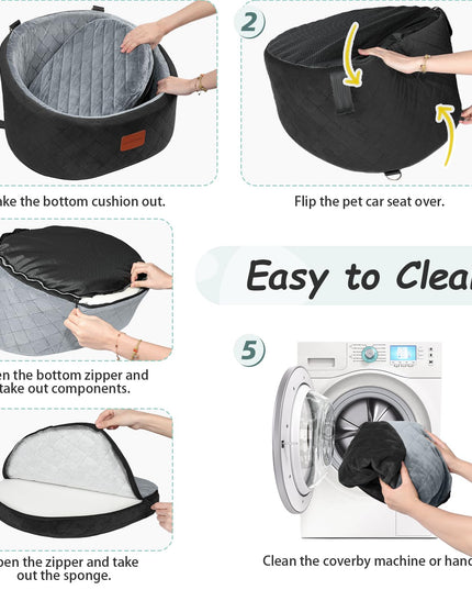 Lealchum Dog Car Seat Up to 25lb Dogs, 2 Adjustable Safety Dog Leashes, Pet Washable Travel Car Seat with Non-Slip Bottom, Easy to Install and Removable, Covered with Soft Fabric(Black/Grey, Small)
