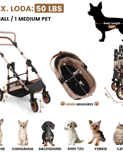 Pet Stroller with 4 Wheels, Foldable Pet Travel Carrier for Small/Medium Dogs Cats up to 50lbs, Detachble Portable Pet Bag, Storage Basket, Car Seat 3 in 1 Multifunctional (Tan)