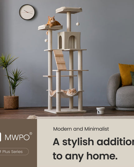 MWPO Large Modern Cat Tree, 70.1-Inch Wood Cat Tower for Indoor Cats, Multi-Level Tall Cat Condo with 2 Padded Perches, Hammock, Scratching Posts, Dangling Toys, Beige