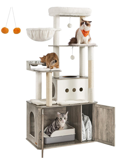 Feandrea Cat Tree, 66.9-Inch Cat Tower with Litter Box Enclosure, Large Cat Condo with Food Station, Storage, Scratching Posts, Cat Cave, Hammock, Washable Cushions, Heather Greige UPCT169K02