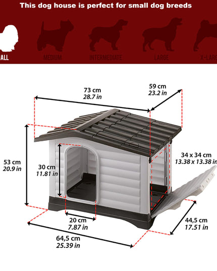 Ferplast Dog Villa Indoor and Outdoor Dog House for Small Dog Breeds, Measures 28.75L x 23.23W x 20.87H Inches, Ventilated with Patented Fold-Out Porch, Cream with Dark Brown Bottom, Part # 87253099