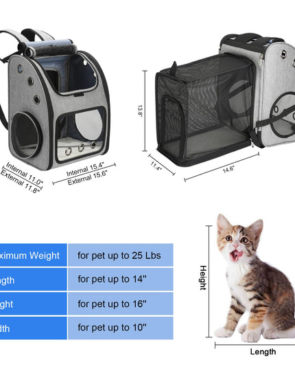 COVONO Expandable Pet Carrier Backpack for Cats, Dogs and Small Animals, Portable Pet Travel Carrier, Super Ventilated Design, Airline Approved, Ideal for Traveling/Hiking/Camping, Grey, XL