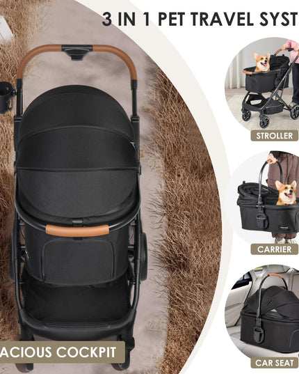 Beberoad Pets T6 Luxury Pet Stroller for Medium Dog Under 66lbs or 2 Small Dogs & Cats, Foldable and Carrier -Detachable (Black)