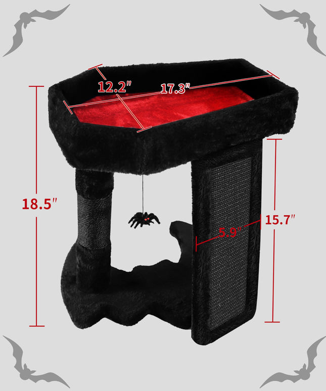 PuzzlePaw Gothic Cat Tree Tower with Coffin Cat Bed for Indoor Cats, Halloween Spooky Cat Scratcher,Goth Cat Tree with Sisal Scratchig Post and Spider Dangling Toys,Black with Red