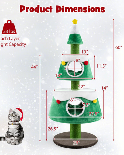 PETSITE 60 inch Christmas Cat Tree, Cute Cat Tower with 2 Condos, Sisal Scratching Posts, Spring Toy, Removable Beds, Modern Holiday Cat Tree Tower for Indoor Cats