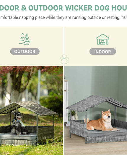 Lyromix Wicker Dog House with Canopy, 32" Outdoor Elevated Rattan Dog Bed with Water-Resistant Soft Cushion, Large Outside Raised Dog Shelter for Small, Medium Dogs, Gray