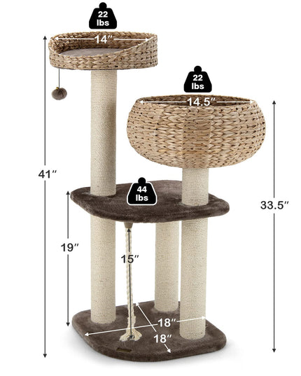 PETSITE 41 Inch Modern Cat Tree for Indoor Cats, Multi-Level Cat Tower with Scratching Posts, Hand-Made Wicker Cat Condo & Top Perch, Dangling Ball, Sisal Rope, Cute Cat Tree for Large Cats 20 lbs