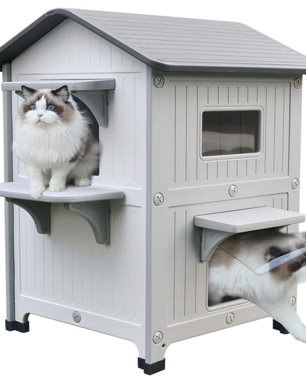 Rockever Luxury Plastic Outdoor Indoor Cat House with Escape Door, Waterproof 2 Story Outdoor Houses for Feral Cats Outside Cat Shelter, Spacious, Clean and Assemble Easily