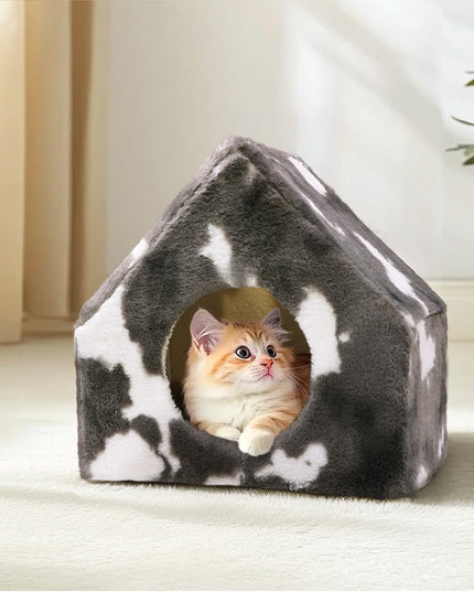 ComSaf Cat Bed Cave House - Winter Pet House with Fluffy Covered Cat Beds for Indoor Cats, Detachable Washable Plush Cat Hideaway Hut for Kitten Rabbit, Sturdy Cat Beds & Furniture Gifts, Grey