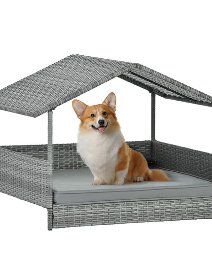 Lyromix Wicker Dog House with Canopy, 32" Outdoor Elevated Rattan Dog Bed with Water-Resistant Soft Cushion, Large Outside Raised Dog Shelter for Small, Medium Dogs, Gray