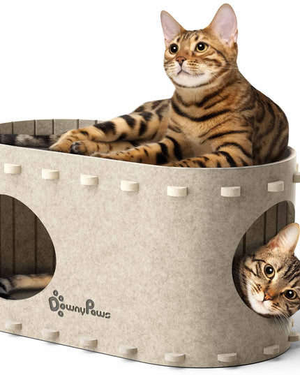 DownyPaws Cat House for Indoor Cats, Cat Bed Cave for Multiple & Large Cats Up to 22 Lbs, Scratch Resistant Peekaboo Cat Caves, Foldable Cat Tunnel Enclosed Bed, PeekaPurr, Cream