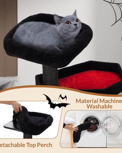 Happy & Polly Gothic Cat Tree with Coffin Bed - 40.9"Black Cat Tower with Soft Mats, Natural Sisal Scratching Posts, Bat Hanging Ball, Multi-Level Platform Cat Activity Center for Large Cats Halloween