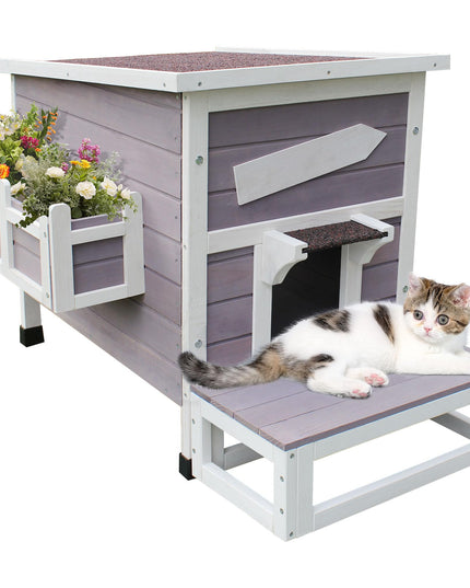 HiCaptain Outdoor Cat House, Weatherproof Feral Cat House with Escape Door, Outside Wooden Single Story Pet House for Cats, Puppies and Small Pet - Grey