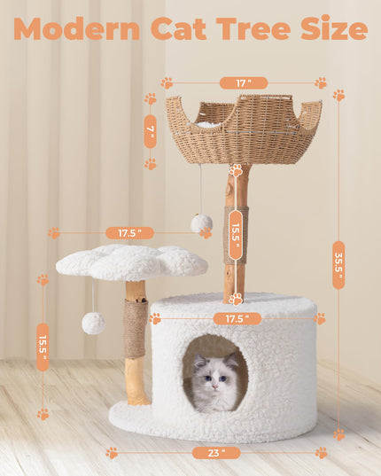 Easyego Modern Cat Tree, Aesthetic Wood Cat Tree Tower for Large Cats, Luxury Cat Condo with Scratching Posts and Flower Platforms, Cat Furniture by Easyego, (White)