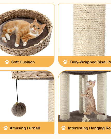 PETSITE 41 Inch Modern Cat Tree for Indoor Cats, Multi-Level Cat Tower with Scratching Posts, Hand-Made Wicker Cat Condo & Top Perch, Dangling Ball, Sisal Rope, Cute Cat Tree for Large Cats 20 lbs