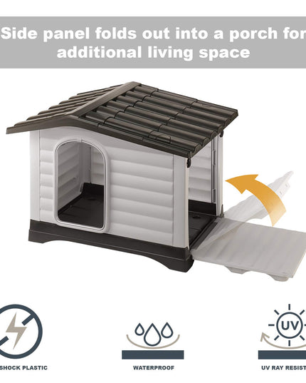 Ferplast Dog Villa Indoor and Outdoor Dog House for Small Dog Breeds, Measures 28.75L x 23.23W x 20.87H Inches, Ventilated with Patented Fold-Out Porch, Cream with Dark Brown Bottom, Part # 87253099