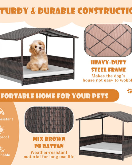Giantex Wicker Dog House, Raised Rattan Dog Bed with Waterproof Roof, Washable Cushion Cover, Steel Frame, Indoor Outdoor Elevated Dog Bed Pet House for Small Medium Dogs Cats, Easy Assembly