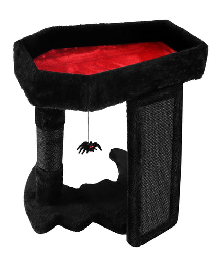 PuzzlePaw Gothic Cat Tree Tower with Coffin Cat Bed for Indoor Cats, Halloween Spooky Cat Scratcher,Goth Cat Tree with Sisal Scratchig Post and Spider Dangling Toys,Black with Red