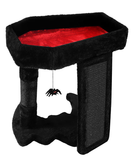 PuzzlePaw Gothic Cat Tree Tower with Coffin Cat Bed for Indoor Cats, Halloween Spooky Cat Scratcher,Goth Cat Tree with Sisal Scratchig Post and Spider Dangling Toys,Black with Red