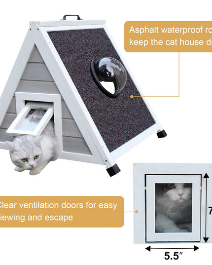 Deblue Outdoor Cat House for Feral Cats, Weatherproof Wooden Cat House for Small Pets, Unique Cat Shelter with Escape Door & Clear Window (Grey House)