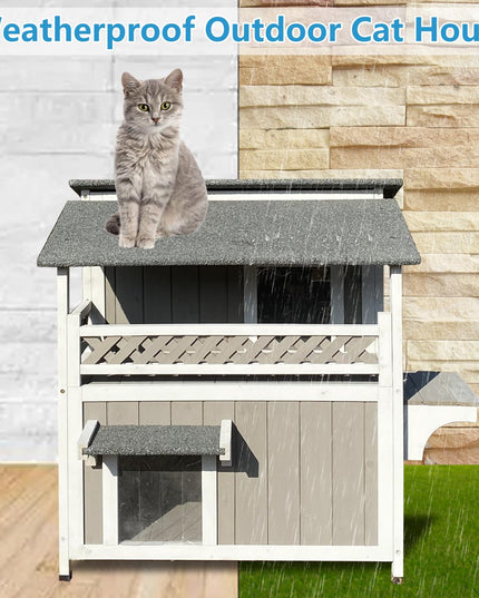 Gowoodhut Feral Cat Shelter Outdoor Weatherproof Houses for Cats Two Story Wooden Cat House Outside Feral Cat House with Balcony Waterproof, Escape Doors