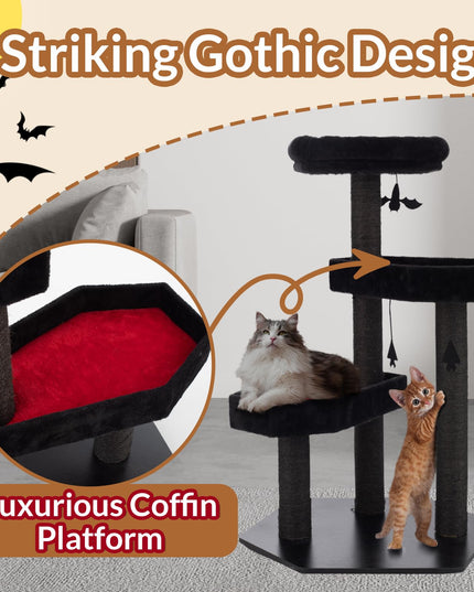 Happy & Polly Gothic Cat Tree with Coffin Bed - 40.9"Black Cat Tower with Soft Mats, Natural Sisal Scratching Posts, Bat Hanging Ball, Multi-Level Platform Cat Activity Center for Large Cats Halloween