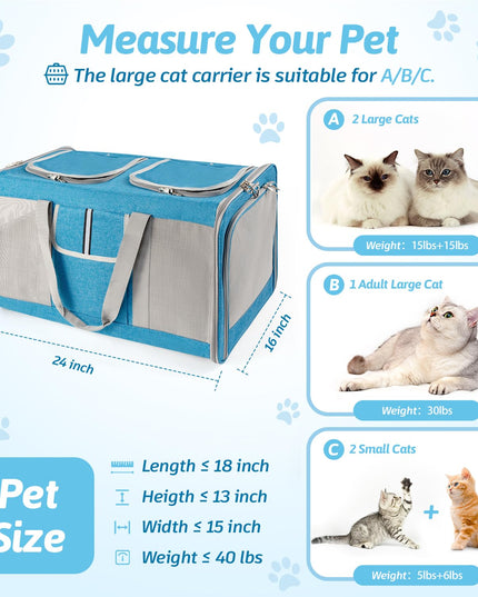 Sedioso Large Cat Carrier for 2 Cats, 24x 14x 16in Pet Carrier for Cat and Dog Up to 40lbs, All-Sided Mesh Large Cat Carrier with Great Ventilation, Portable Soft Sided Pet Carrier for Traveling