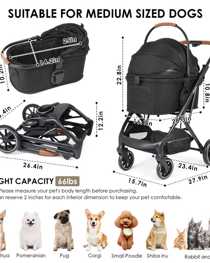 Beberoad Pets T6 Luxury Pet Stroller for Medium Dog Under 66lbs or 2 Small Dogs & Cats, Foldable and Carrier -Detachable (Black)