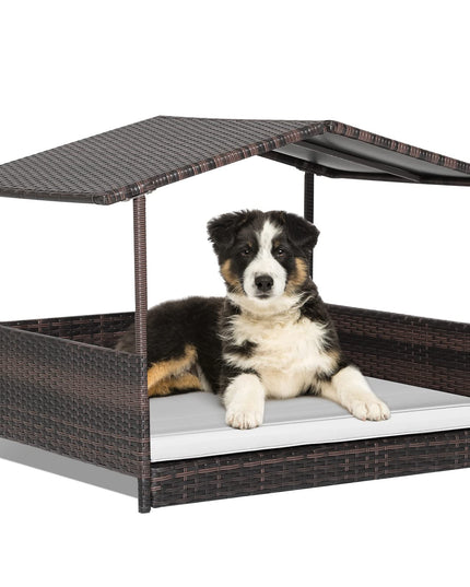 Giantex Wicker Dog House, Raised Rattan Dog Bed with Waterproof Roof, Washable Cushion Cover, Steel Frame, Indoor Outdoor Elevated Dog Bed Pet House for Small Medium Dogs Cats, Easy Assembly