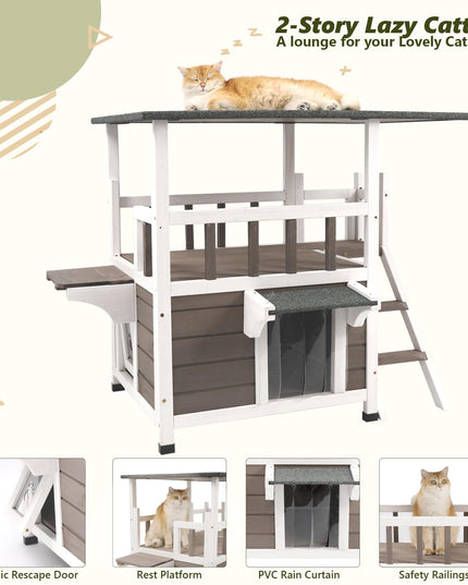 PetsCosset Outdoor Cat House Weatherproof - Two Story Wooden Cat Shelter Outside Feral Cat House with Climbing Ladder, Rain Curtain, Escape Door