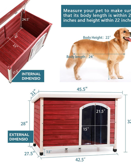 Petsfit Extra Large Dog House, Outdoor Wooden Dog House for Large Dogs, Red, 45.6"L X 31"W X 32"H