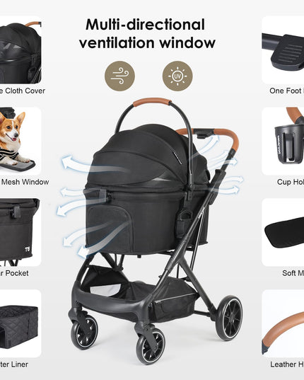 Beberoad Pets T6 Luxury Pet Stroller for Medium Dog Under 66lbs or 2 Small Dogs & Cats, Foldable and Carrier -Detachable (Black)