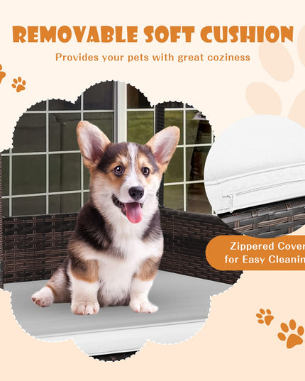 Giantex Wicker Dog House, Raised Rattan Dog Bed with Waterproof Roof, Washable Cushion Cover, Steel Frame, Indoor Outdoor Elevated Dog Bed Pet House for Small Medium Dogs Cats, Easy Assembly