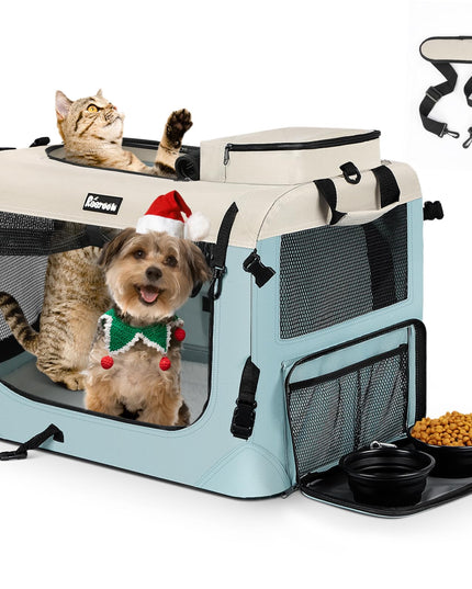 Reerooh Large Cat Carrier 24"x17"x17", Soft Dog Crate with 2 Bowls, Collapsible Travel Pet Carrier Bag for Cats Dogs Puppies Kittens (Blue)