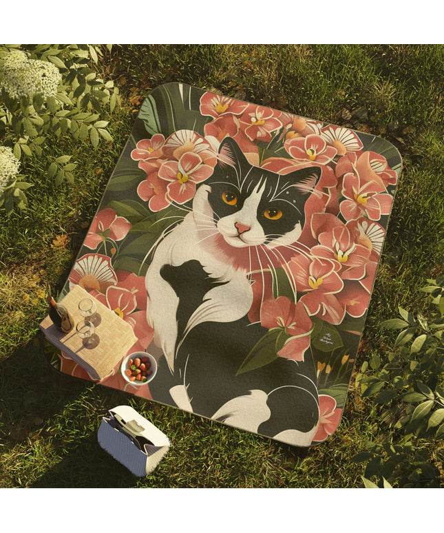 Black & White Cat in Flowers, Cozy Outdoor Picnic Blanket, Water-Resistant Bottom, 51" × 61"