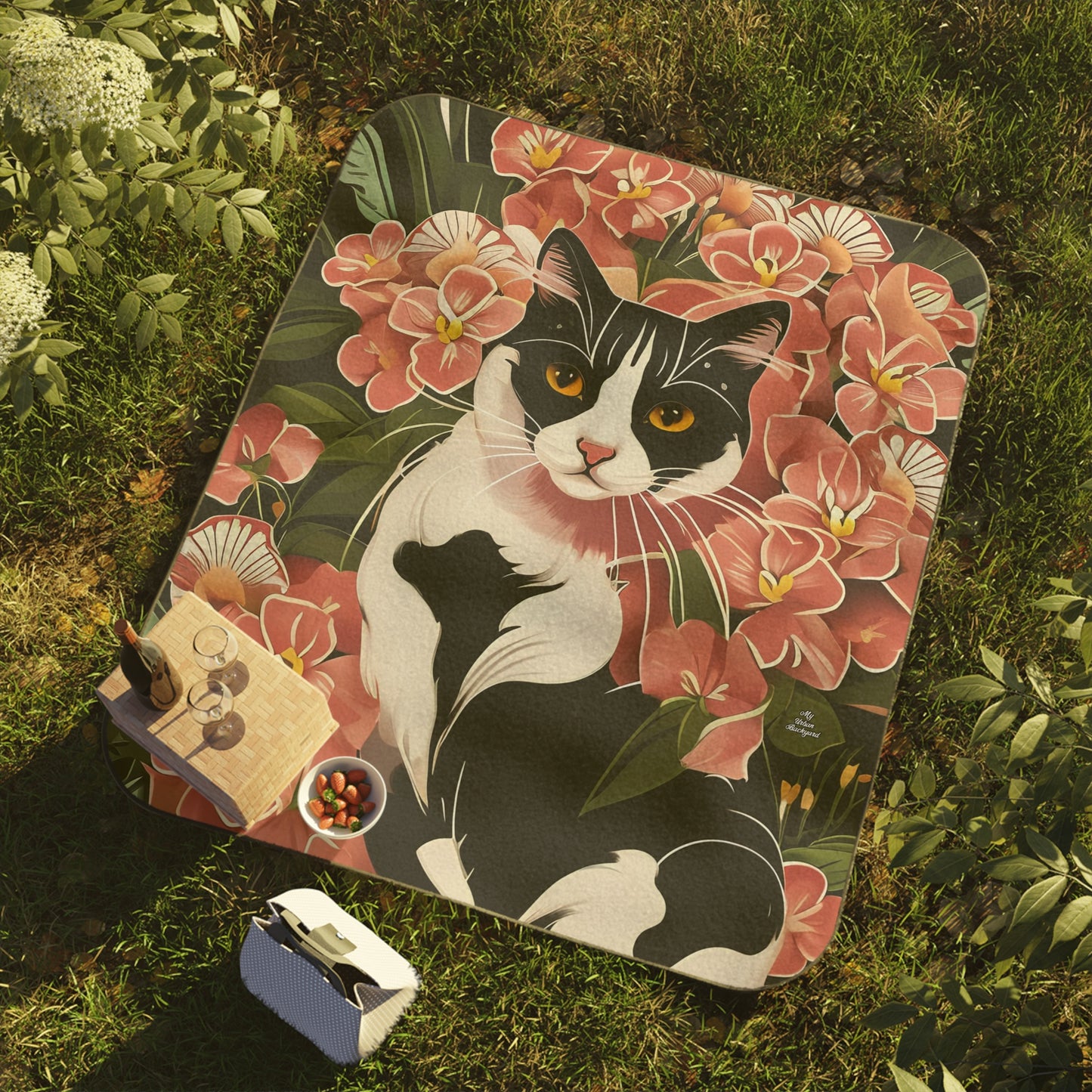 Black & White Cat in Flowers, Cozy Outdoor Picnic Blanket, Water-Resistant Bottom, 51" × 61"