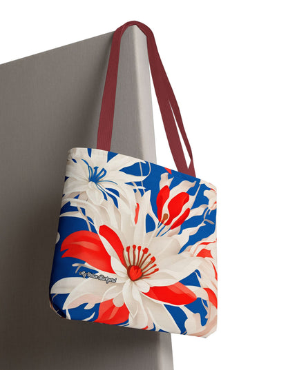 Red White & Blue Flowers Tote Bag with Cotton Handles For Everyday Use, 3 Sizes