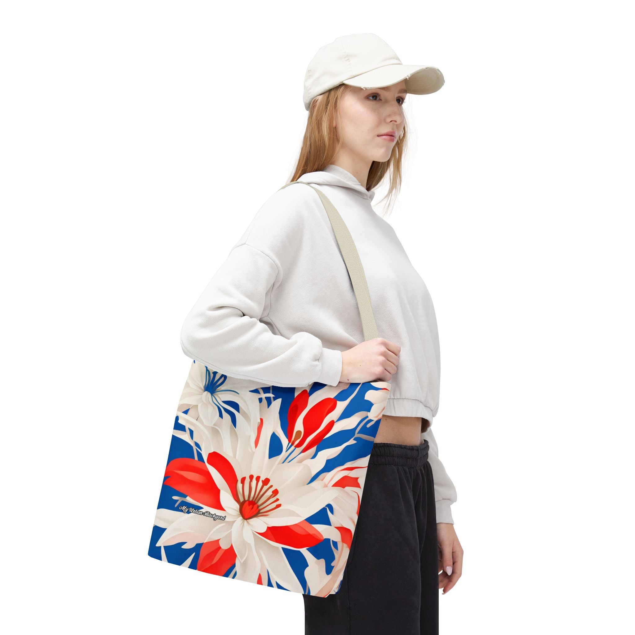 Red White & Blue Flowers Tote Bag with Cotton Handles For Everyday Use, 3 Sizes