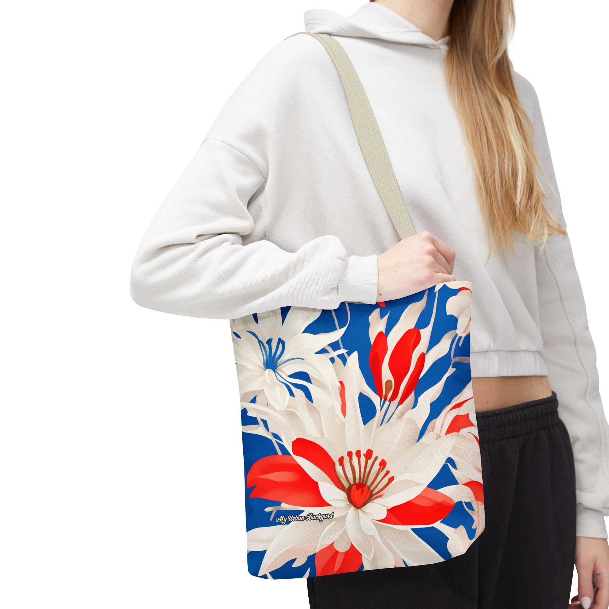 Red White & Blue Flowers Tote Bag with Cotton Handles For Everyday Use, 3 Sizes