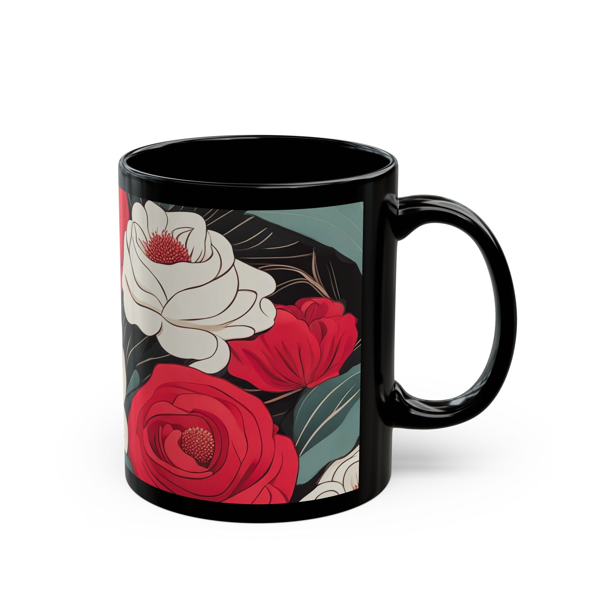 Floral Black Mug - Perfect for Coffee Lovers, Gift for Her, Home Decor, Botanical Design, Floral Coffee Cup