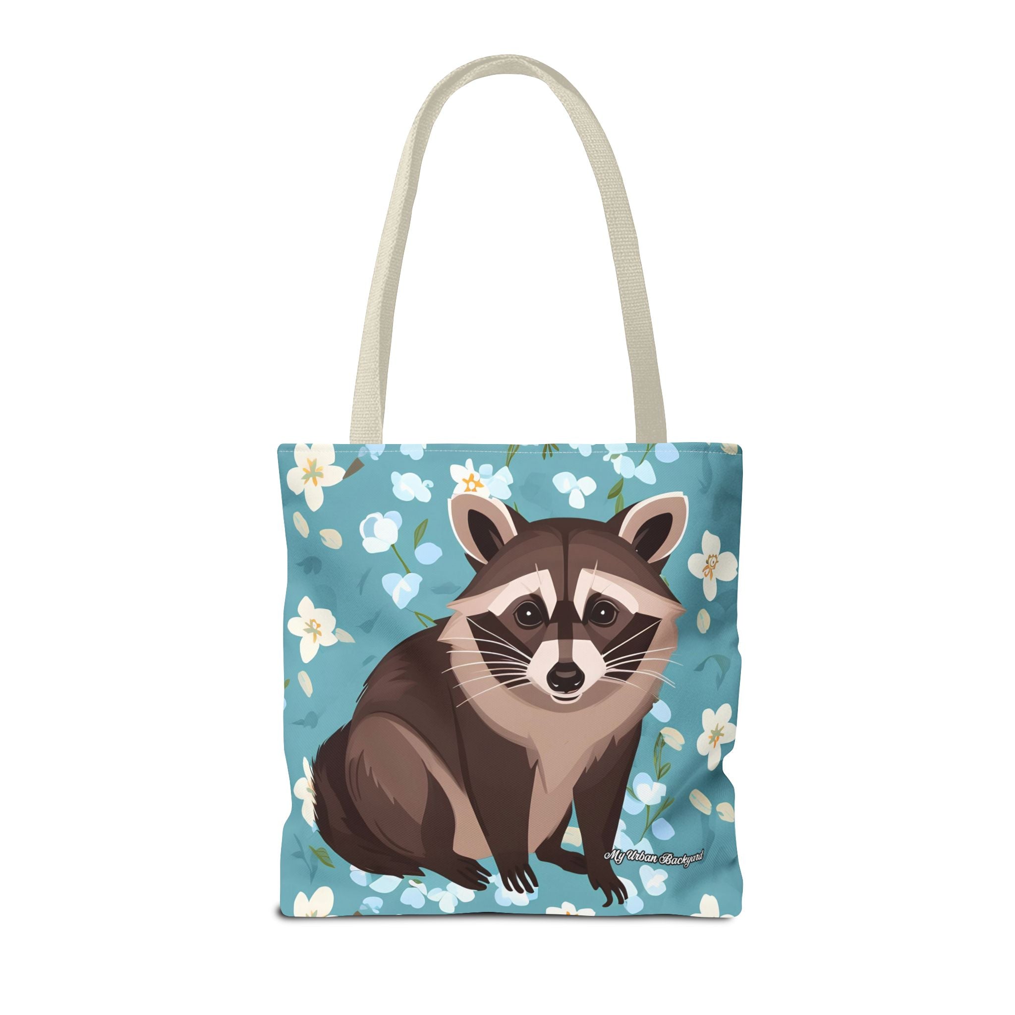 Young Raccoon w Flowers Tote Bag with Cotton Handles For Everyday Use, 3 Sizes