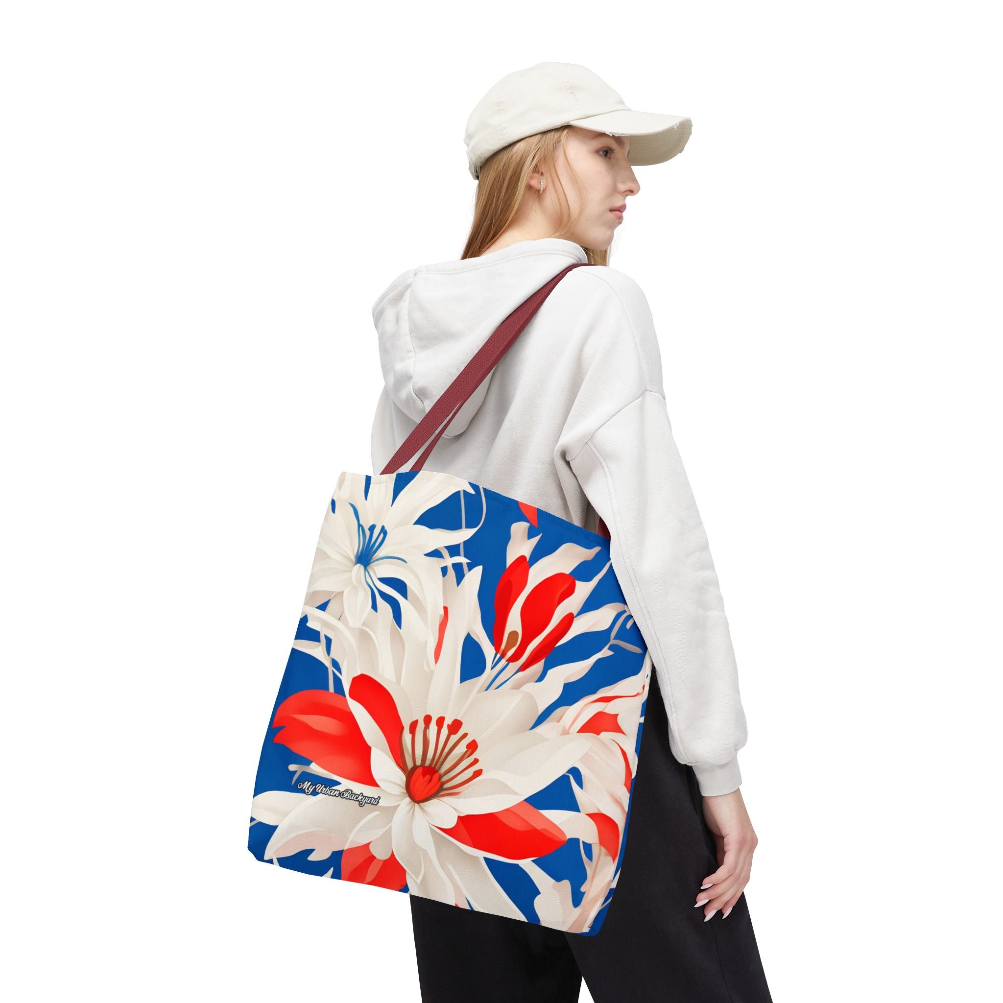 Red White & Blue Flowers Tote Bag with Cotton Handles For Everyday Use, 3 Sizes