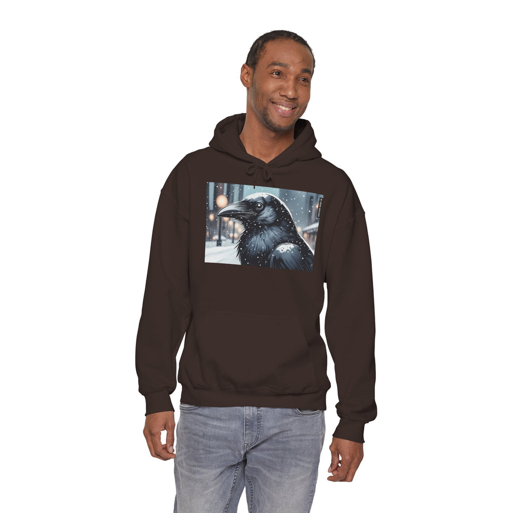 Urban Crow In Falling Snow Hoodie — Comfy Winter Graphic Hoodie