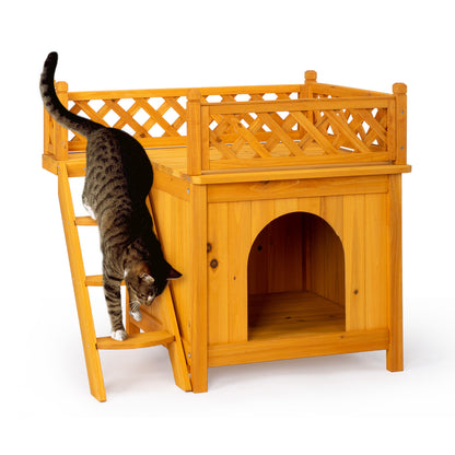 2-Story Outdoor Cat House, Wood Shelter with Fence and Staircase, Natural Color