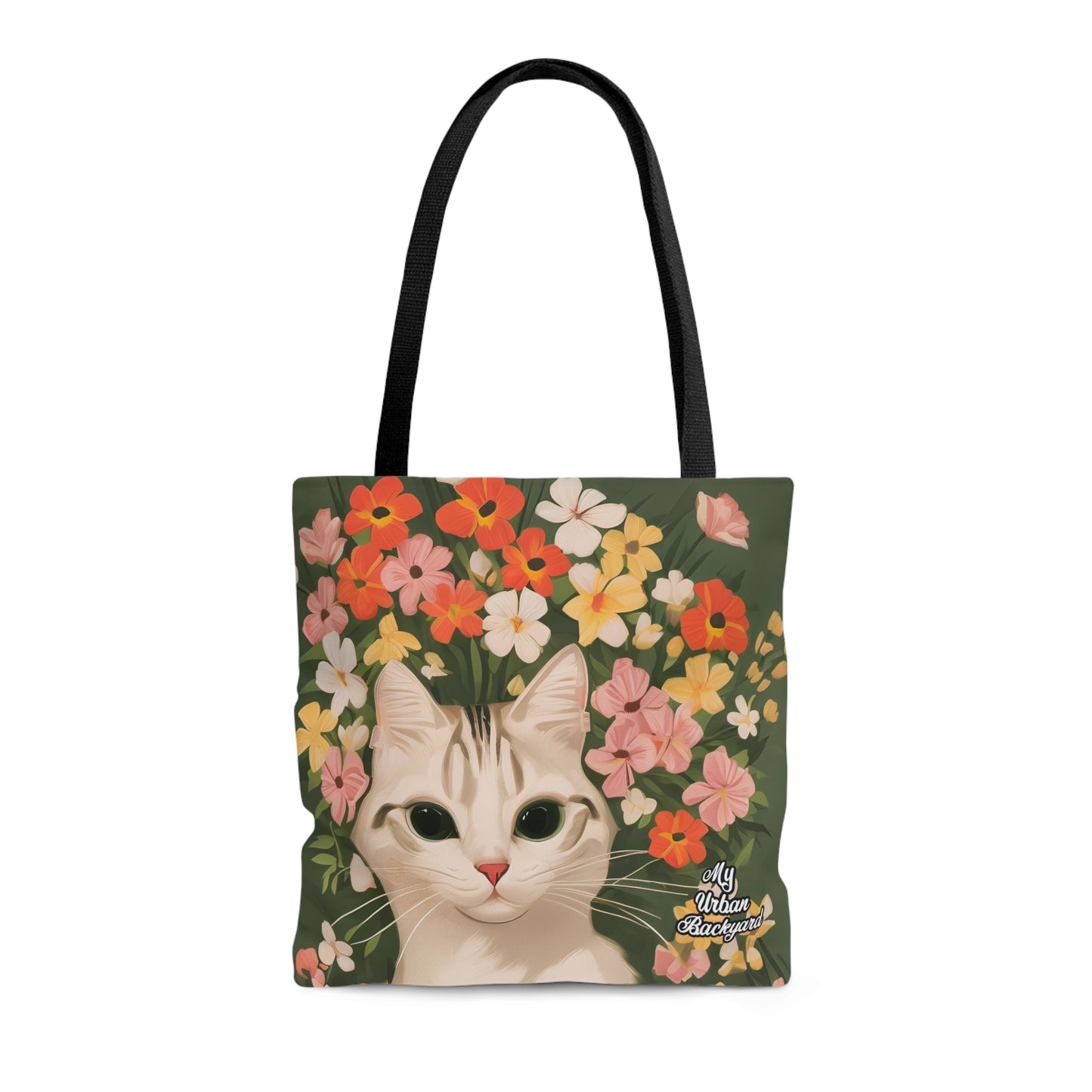 White Cat with Flowers, Tote Bag for Everyday Use - Durable and Functional